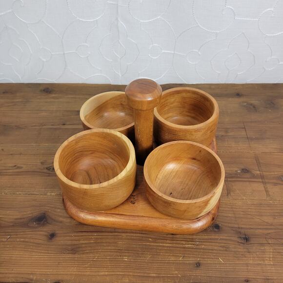 Wooden Caddy 4pcs Bowl with Serving Tray Set Brown Condiment Holder Light Weight - Picture 4 of 9
